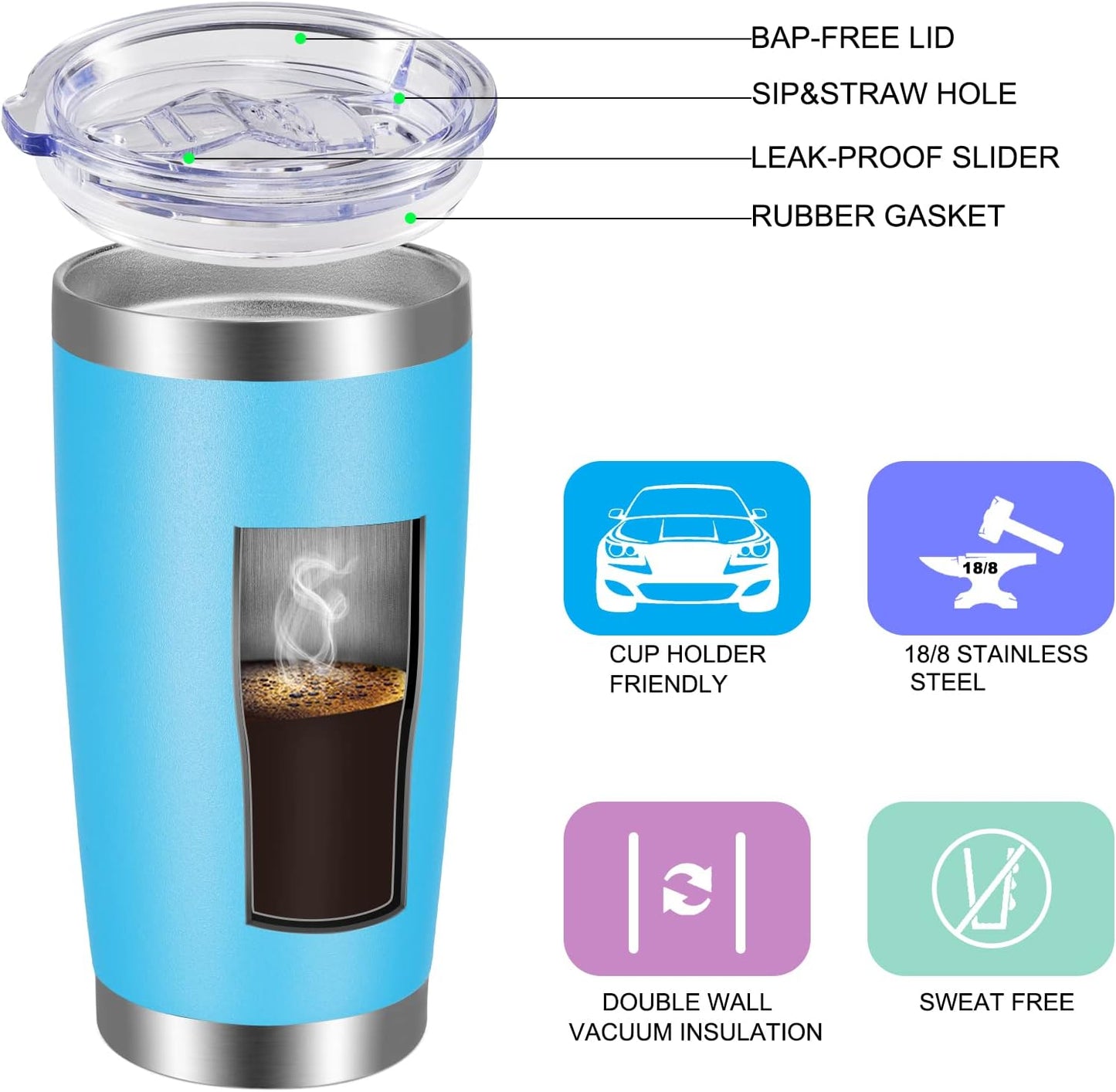 VEGOND 20oz Tumbler with Lid and Straw Stainless Steel Tumbler Cup Bulk Vacuum Insulated Double Wall Travel Coffee Mug Powder Coated Coffee Cup (Bluish Violet 6 Pack)