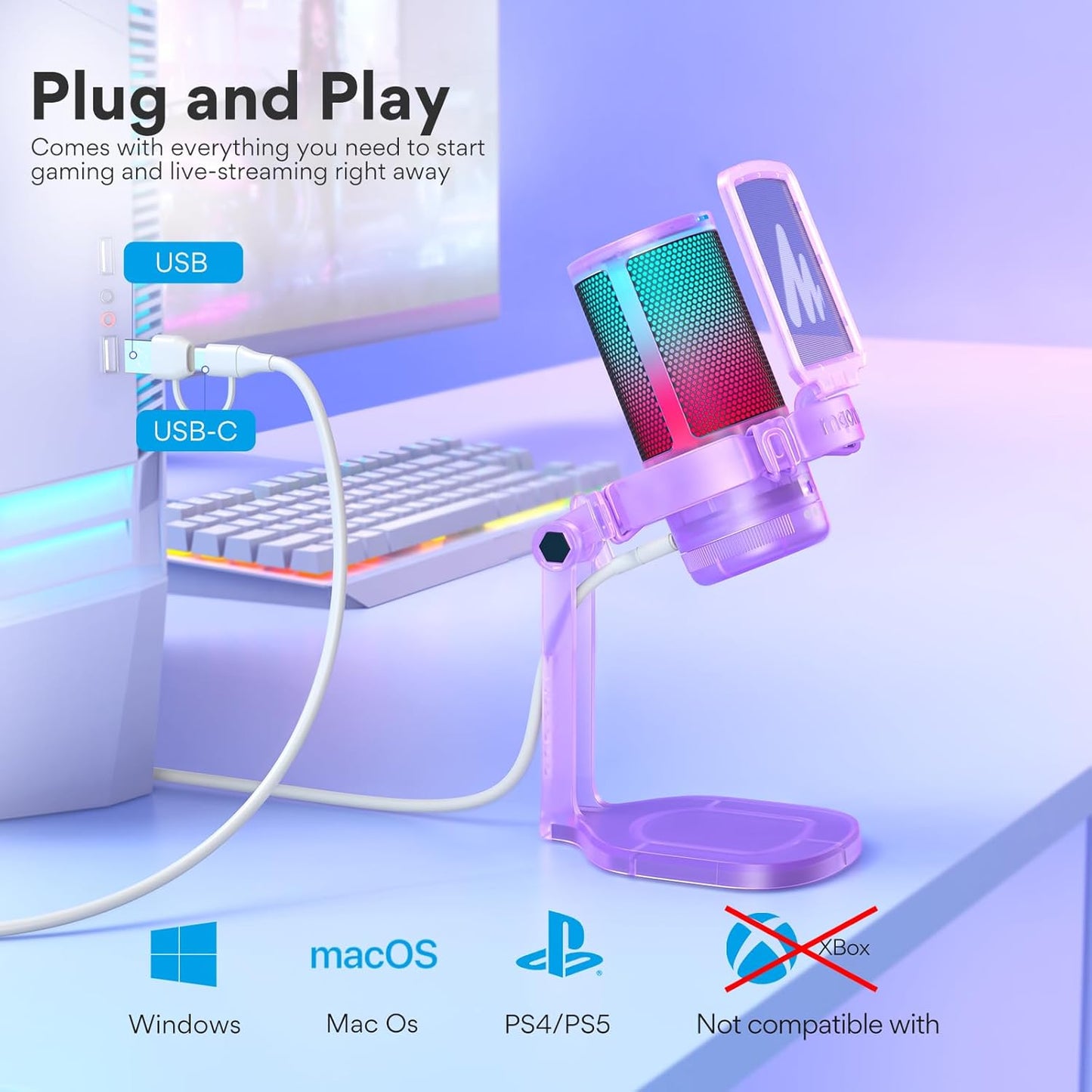 MAONO Gaming USB Microphone, Noise Cancellation Condenser mic with Mute, Gain, Monitoring, Boom Arm for Streaming, Podcast, Vocal, Twitch, YouTube, Discord, PC, Computer, PS4, PS5, Mac, DGM20S