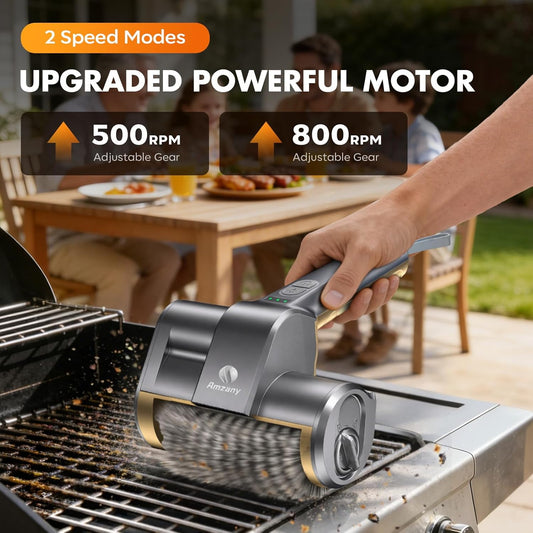 Amzany Cordless Electric Grill Brush — Rechargeable BBQ Cleaner with 3 Replaceable Heads, 2-Speed Powerful Motor, 150-Min Runtime, LED Light for Charcoal, Pellet Grills & Griddles