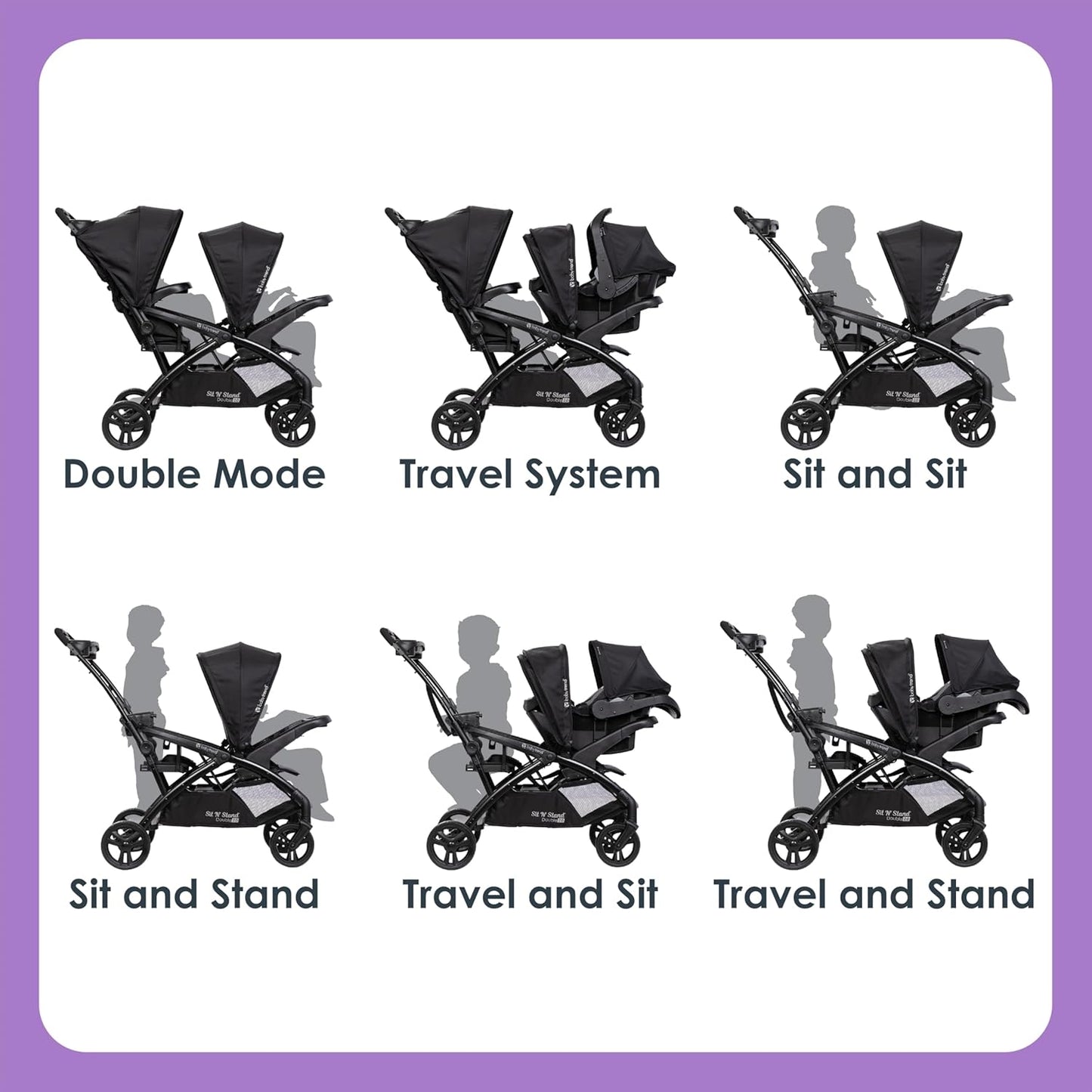 Baby Trend Sit n Stand Double 2.0 Stroller - Convertible Multi-Use Easy Fold Travel Toddler & Baby Tandem Double Stroller with Safety Harness and Storage Basket - Dash Black
