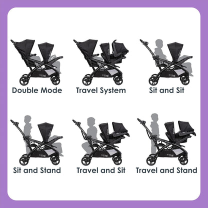 Baby Trend Sit n Stand Double 2.0 Stroller - Convertible Multi-Use Easy Fold Travel Toddler & Baby Tandem Double Stroller with Safety Harness and Storage Basket - Dash Black
