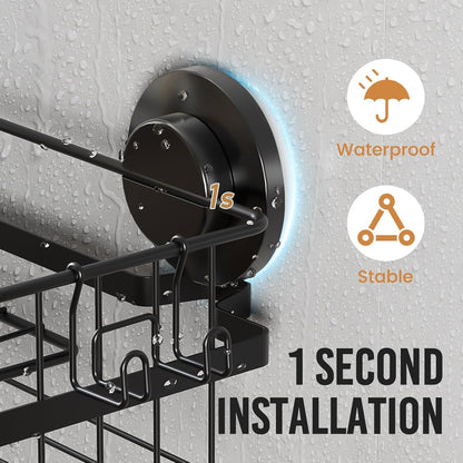 LEVERLOC Shower Caddy Suction Cup, 2 Pack Black Shower Shelf with Hooks and Soap Holder, NO-Drilling Bathroom Organizer, Rustproof Metal Bathroom Storage and Organization