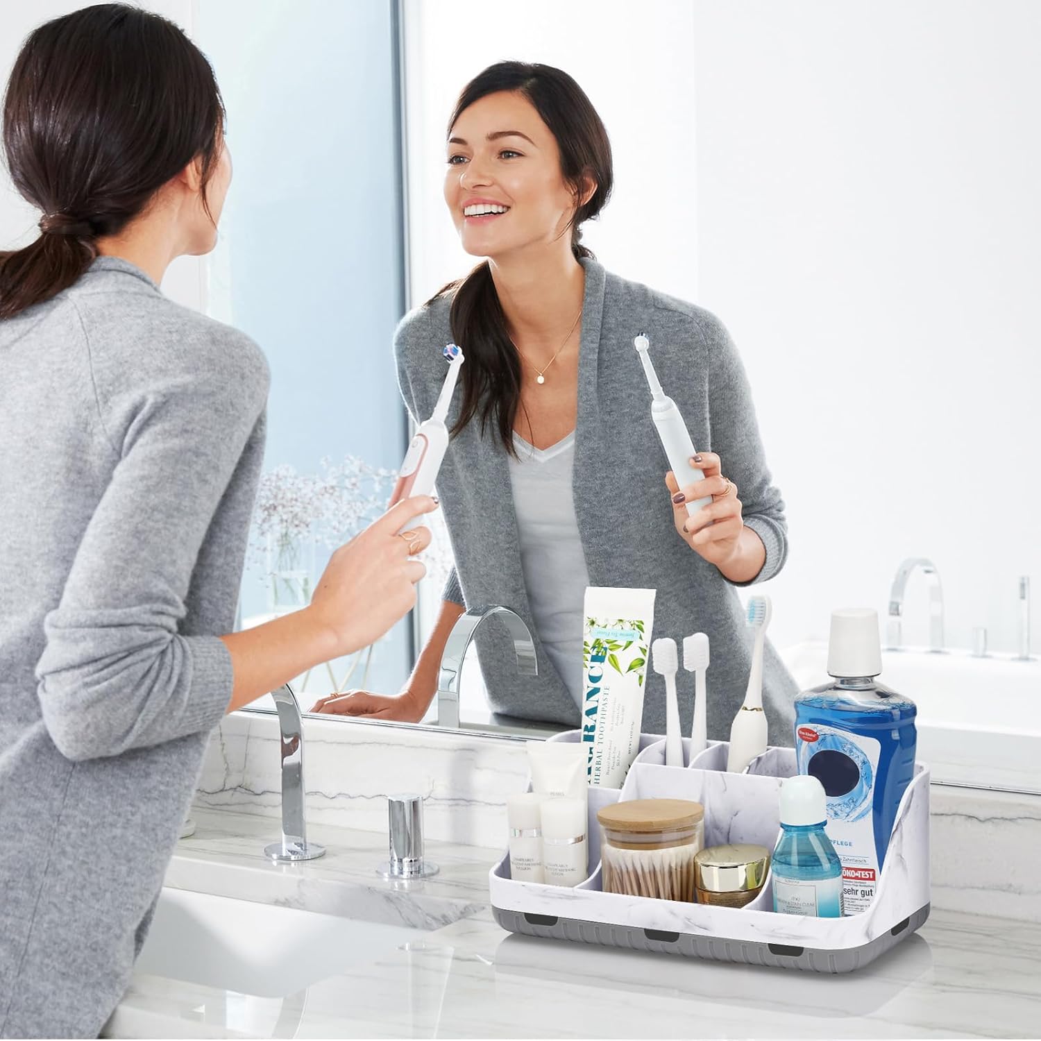 Marble Grey Bathroom Countertop Organizer with 7 Slots, Detachable Electric Toothbrush and Toothpaste Holder with Drainage - PuriLite
