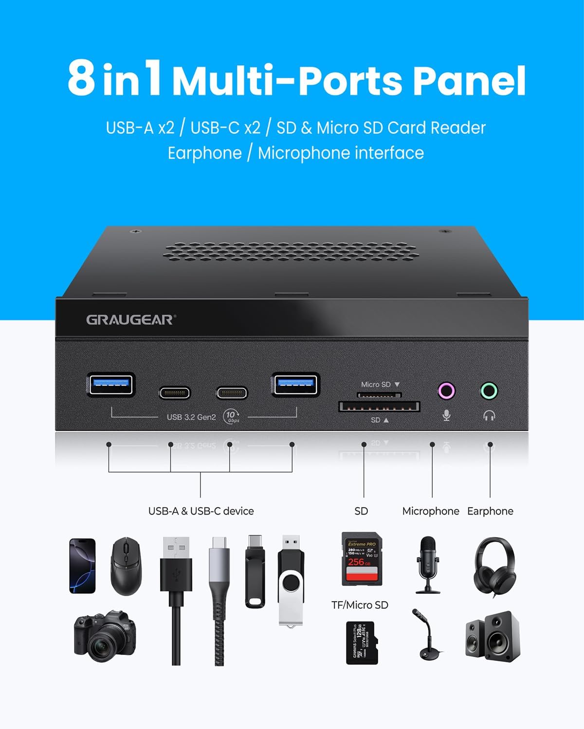 GRAUGEAR 5.25 Inch 10Gbps USB 3.2 PC Front Panel Card Reader with Audio Ports, SD/microSD Internal Card Reader, USB3.2 Type-E Key-A 20-Pin Header & USB3.0 Header & 15-Pin SATA Power Connector Required