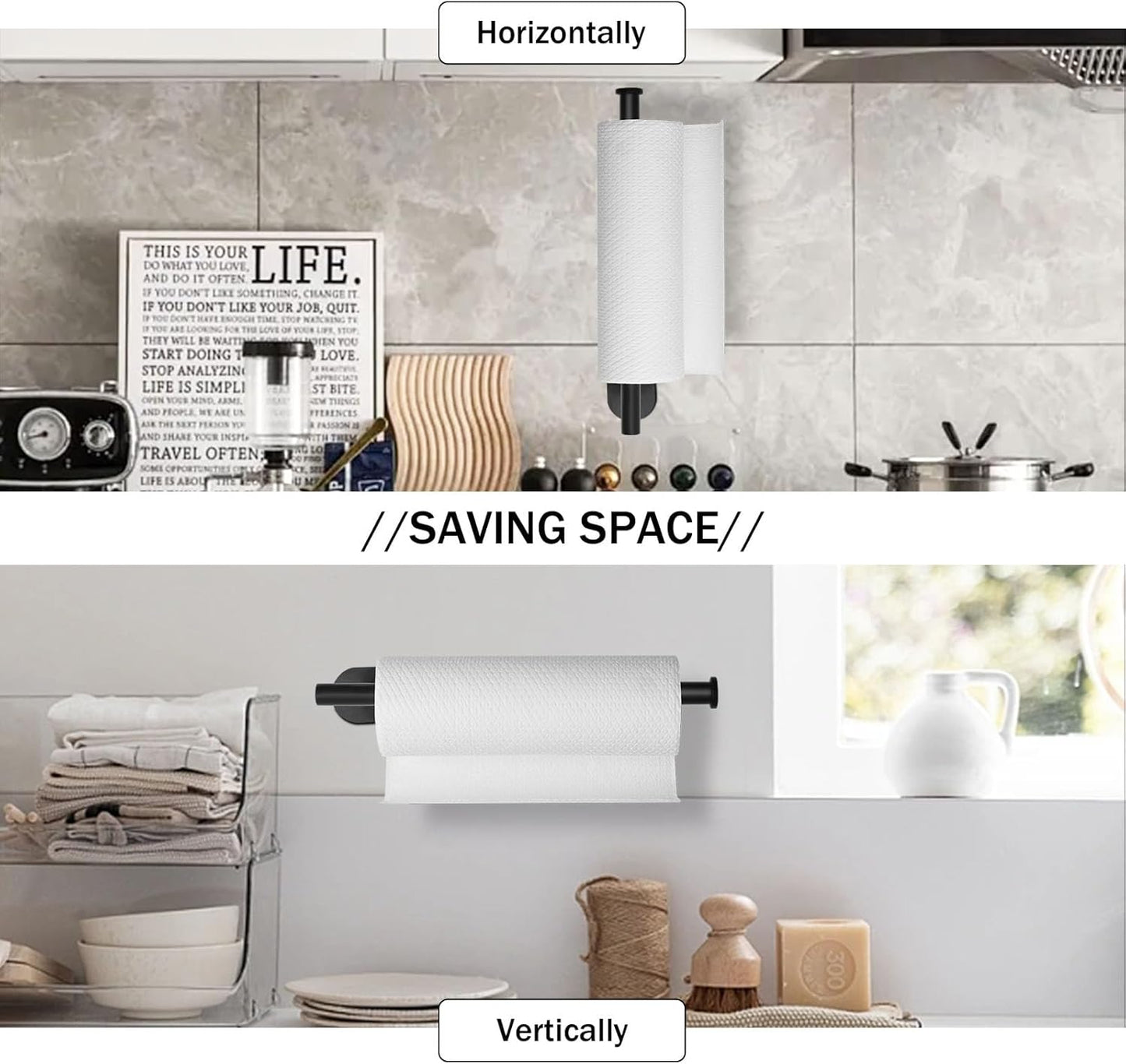 Fvviia Under-Cabinet Paper Towel Holder – Stainless Steel Wall Mount with Self-Adhesive & Screw Installation, Space-Saving Kitchen & Bathroom Towel Rack, Black