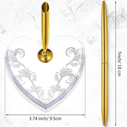 2 Sets Acrylic Heart Pen Holder With Ink Pens, Signing Set Guest Book Accessories For Wedding Bridal Engagement Favors Opening Ceremony Graduation Parties Office Transparent Pen Display Stand