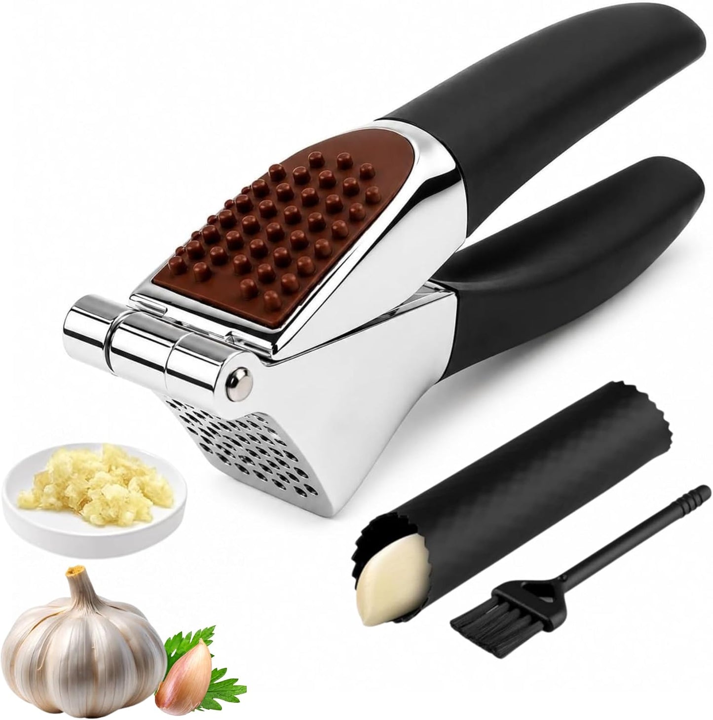 Garlic Press Set, Heavy Duty Zinc Alloy Garlic Crusher & Mincer – Ergonomic Non-Slip Handle, Easy Clean with Peeler & Brush, Professional Kitchen Tool for Garlic, Ginger & Herbs