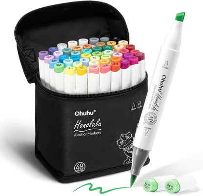 Ohuhu 48 Color Alcohol Markers Brush Tip: Double Tips Drawing Marker for Adults Artists Coloring Books Soft Tip Markers 1 Alcohol-based Marker Blender, Brush & Chisel- Honolulu Art Pen Gift - PuriLite
