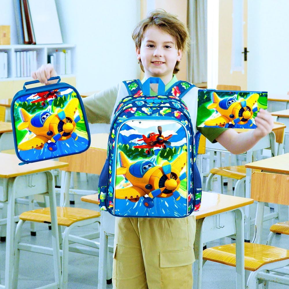 3pcs Backpack for Boys and Girls, 16” Kids Kindergarten Bookbag with Lunch Box, Cute Elementary Backpacks for Boy Girl