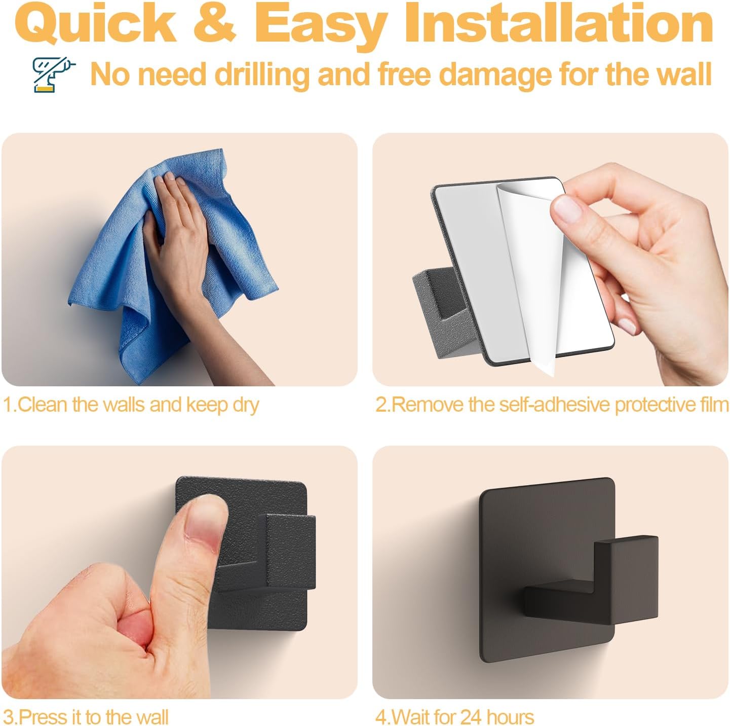 PMMASTO Black 4 Pack Self Adhesive Wall Hooks for Hanging, Stick On Wall Hanger Hook for Shower, Robe, Hat - Aluminium