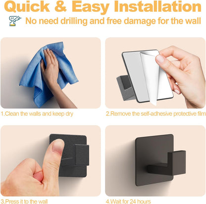 PMMASTO Black 4 Pack Self Adhesive Wall Hooks for Hanging, Stick On Wall Hanger Hook for Shower, Robe, Hat - Aluminium