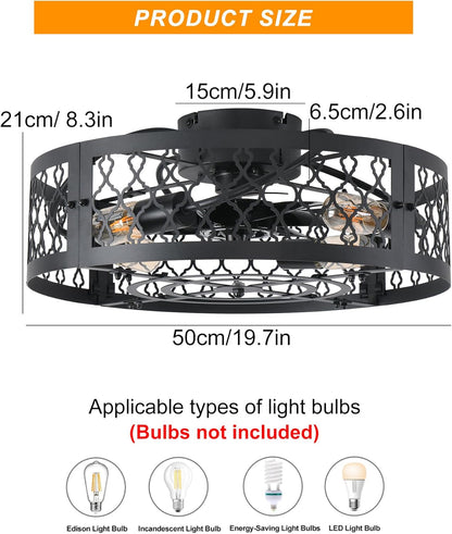 Garwarm Caged Low Profile Ceiling Fan with Lights and Remote, 20in Rustic Flush Mount Small Farmhouse Bladeless Ceiling Fan for Bedroom, Kitchen, Dining Room