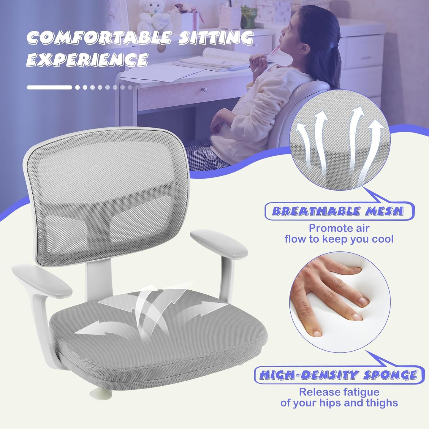 Costzon Kids Desk Chair, Children Study Computer Chair with Adjustable Height, Lumbar Support, Smooth Casters, Swivel Mesh Seat, Ergonomic Kids Task Chair for 4-12, Home, School, Office (Grey)