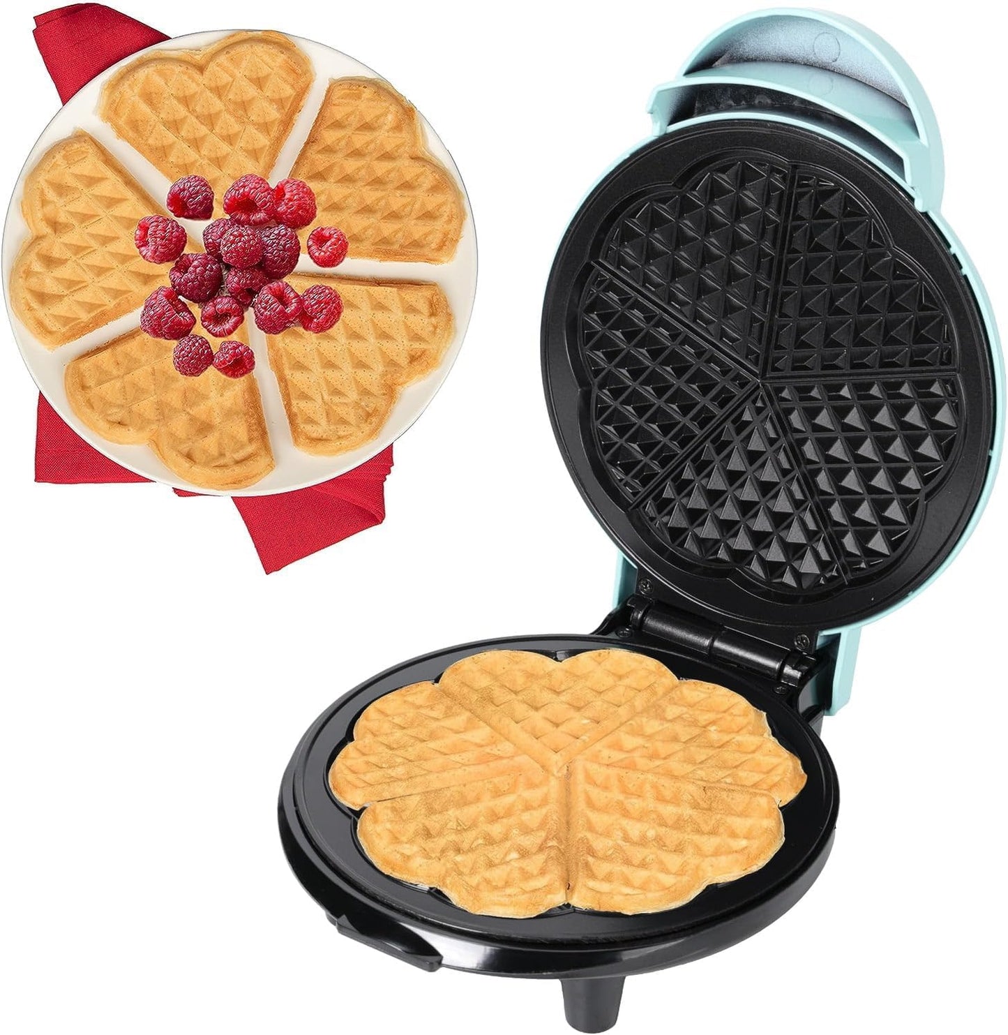 Mini Maker Waffle Maker 5“ Non-Stick Waffler Iron Stuffler Stuffed Wafflera Adjustable Browning Control, Heart, Azure