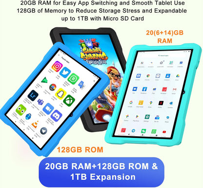 Kids Tablet Android 14 Tablet, 2025 Newest 10.1 inch Tablets, 20GB+128GB/1TB Expandable, Tablets with WiFi 6, Octa-Core, Widevine L1, Parental Control, Dual Camera, Bluetooth 5.0, Tablet EVA - Blue