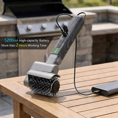 Electric Grill Brush Kit – Cordless BBQ Cleaner with Reinforced Safe Metal Bristles – 2 Hours Runtime, Waterproof & Dishwasher Safe Removable Brushes for Deep Cleaning (Black Wood Coating)
