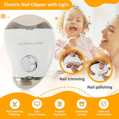 Electric Nail Clipper with Light and 3 Speeds Portable Automatic Baby Nail Clippers with Nail Scraps Storage Rechargeable Nail Cutter Safety Fingernail Trimmer for Kids Adults Seniors