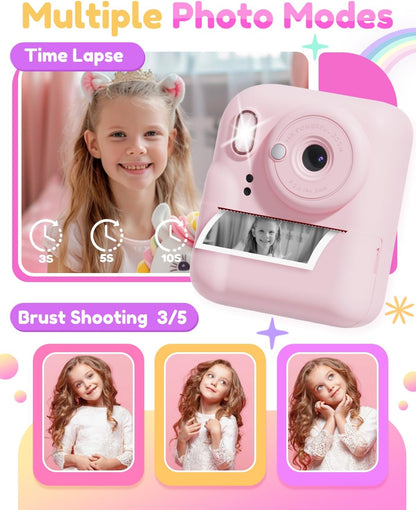 Pussan Kids Camera Instant Print, 1080P Instant Print Camera Toys for 3-12 Year Old Girls, Christmas Birthday Gifts for Age 3 4 5 6 7 Girls, Kids Digital Camera Toys with 3 Rolls Print Paper-Pink