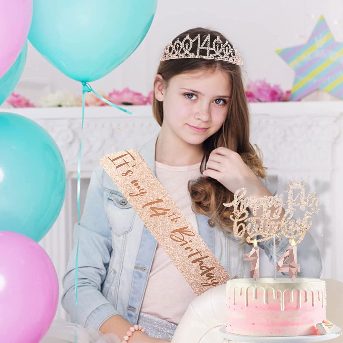 8pcs 40th Birthday Decorations gifts for Women, Including 40th Happy Birthday Cake Topper, Queen Sash with Pearl Pin, Sweet Rhinestone Tiara Crown for Women, Number Candles and Balloons (Rose Gold)
