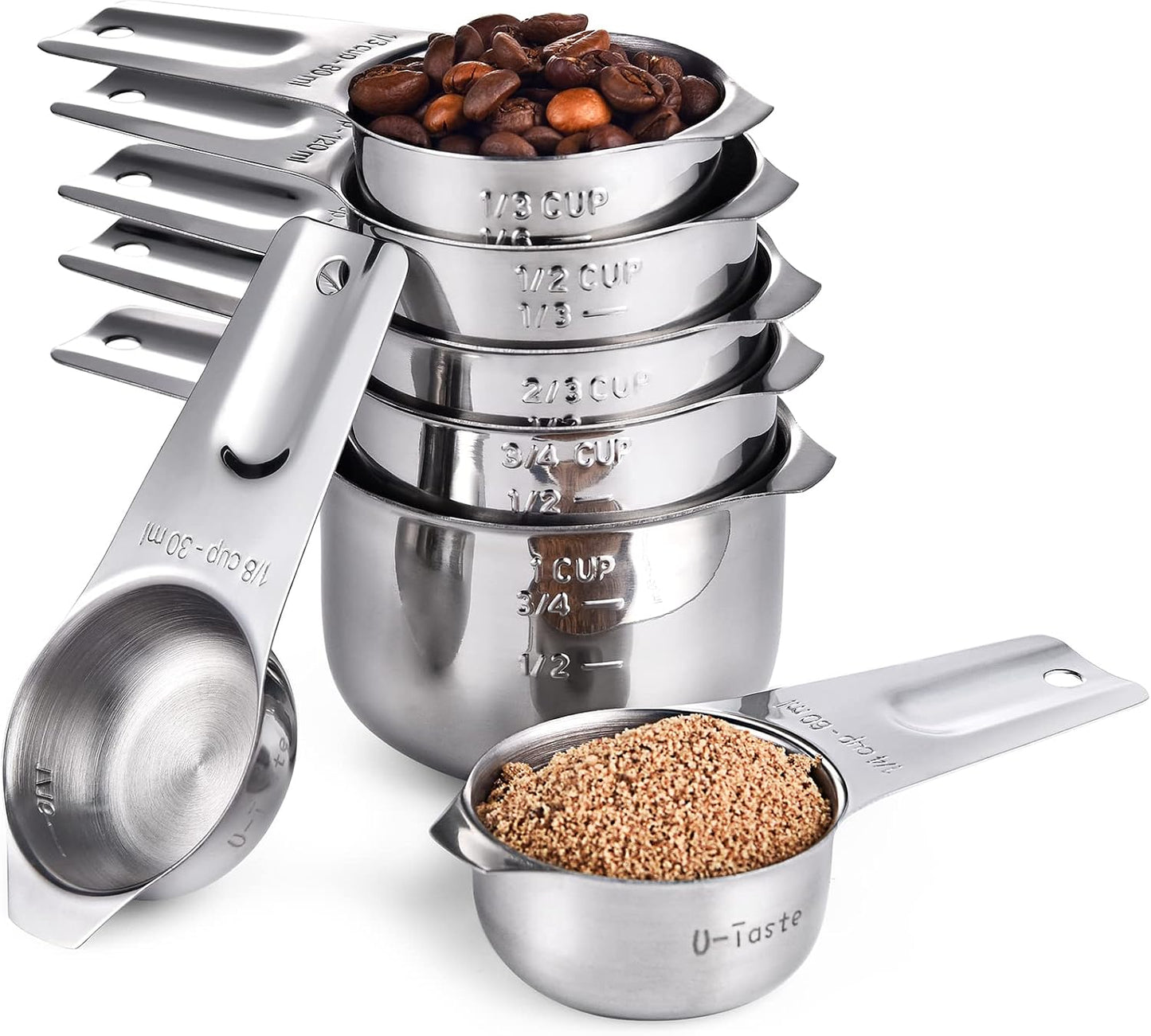 Measuring Cups, U-Taste Measuring Cups and Spoons Set of 15 in 18/8 Stainless Steel : 7 Measuring Cups and 7 Measuring Spoons with 2 D-Rings and 1 Professional Magnetic Measurement Conversion Chart