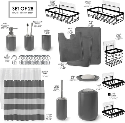 Clara Clark Bathroom Set - Gray Bathroom Accessories Set, Bathroom Sets with Shower Curtain and Rugs, 23PC Shower Curtain Set with Liner, Soap Dispenser, Soap Dish, Toilet Brush Holder, and Trash Can