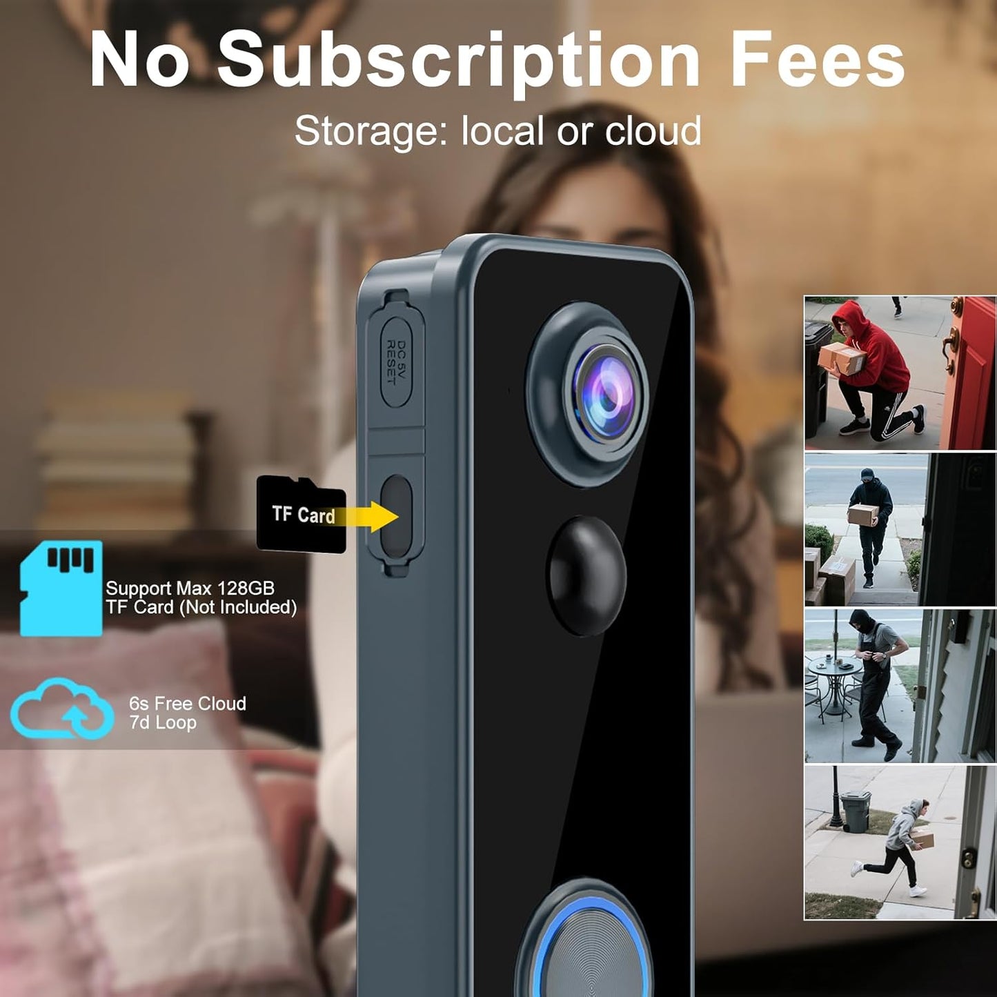 Doorbell Camera Wireless, Head-to-Toe Video, 2K HD Live View, Two-Way Talk,Smart Video Doorbell with Chime,no Subscription,Battery Powered,Motion Detection &Alerts,Works with Alexa &Google(2.4G WiFi)
