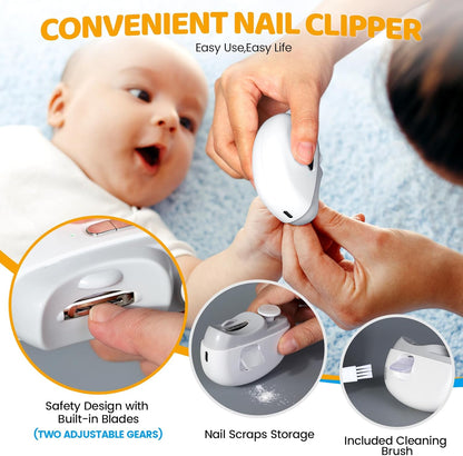 Electric Nail Clipper for Baby with LED Light, 2-in-1 Rechargeable Newborn Nail Trimmer with Scraps Storage, 2 Speeds Nail File for Kid Toddler Infant Adult Nail Care