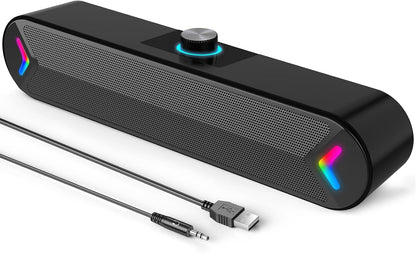 USB Powered Computer Speakers with Stereo Sound, 10W Wired Soundbar Speaker for PC Desktop Laptop Monitor with AUX Input and LED Light - PuriLite