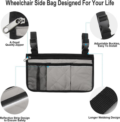 Wheelchair Side Bag, Wheelchair Armrest Storage Pouch with Cup Holder and Reflective Strip for Wheelchairs, Walkers or Rollators (Black)