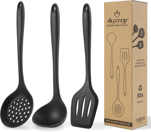 Duxtop Silicone Kitchen Utensils Set, 3 PCS Silicone Cooking Utensils for Non Stick Cookware, Perfect Kitchen Tools with Spatula & Spoon & Colander, Dishwasher Safe