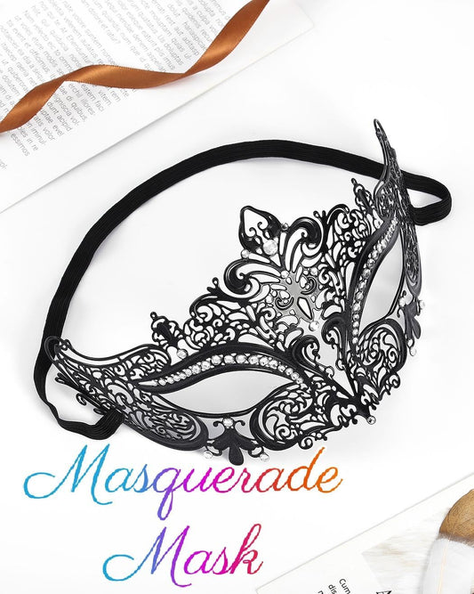 Campsis Sparkly Rhinestone Mardi Gras Masquerade Mask Black Laser Cut Metal Mask Halloween Venetian Party Nightclub for Women and Girls - PuriLite