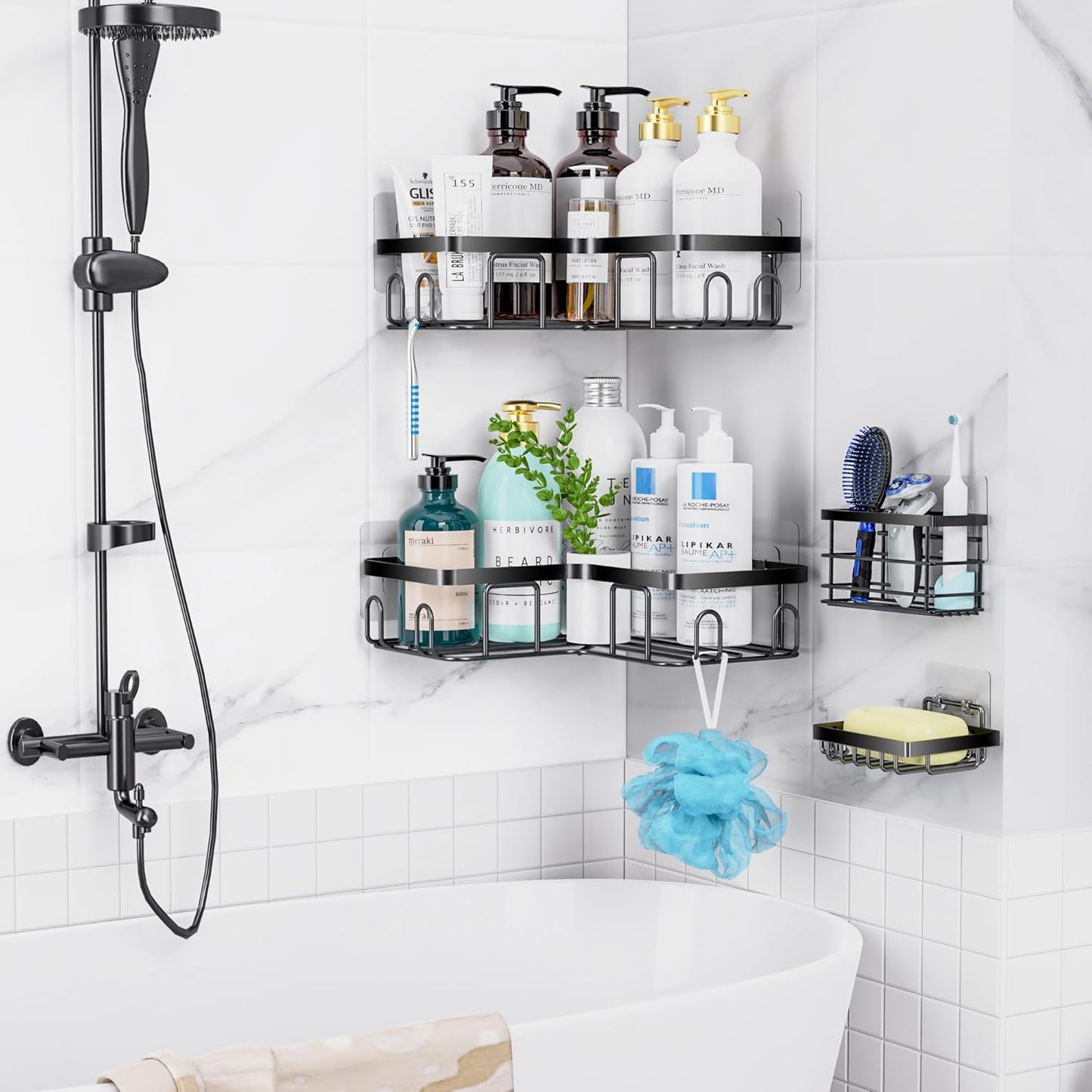 MOFOROCO 3-Pack Shower Caddy Corner Basket Shelf with Soap Holder, No Drilling Traceless Adhesive Shower Wall Shelves, Black Bathroom Shower Storage Organizer（ for 90-Degree Right-Angle Walls）