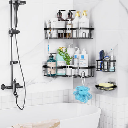 MOFOROCO 3-Pack Shower Caddy Corner Basket Shelf with Soap Holder, No Drilling Traceless Adhesive Shower Wall Shelves, Black Bathroom Shower Storage Organizer（ for 90-Degree Right-Angle Walls）