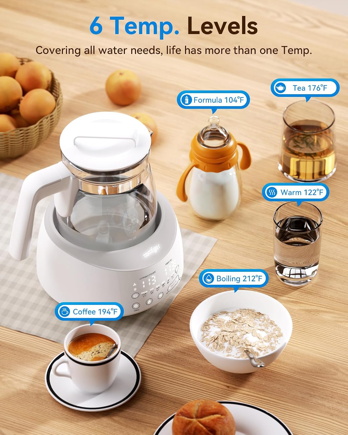 comfyer BK01 Bottle Warmer, Bottle Warmer with Night Light and Faster Cooling Fan, Instantly Water Warmer, Tea Kettle Electric with 6 Temperature Control Presets, Feed Baby More Easier and Healthier