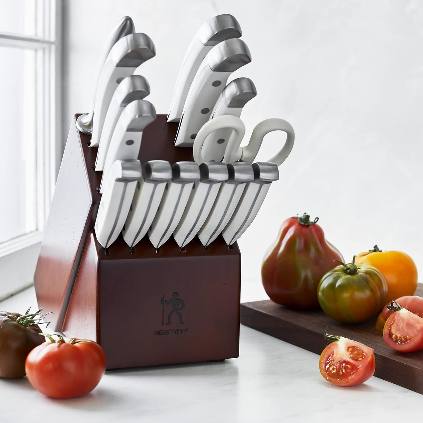 HENCKELS Statement 15Piece White-Handled Knife Block Set with Shears, Sharpening Steel - Dishwasher Safe, Ergonomic Handle