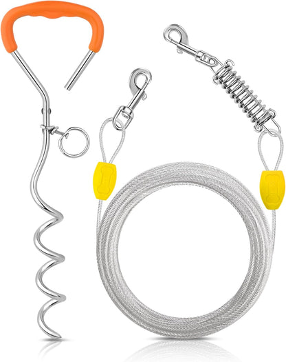 Petbobi Dog Tie-Out Cable and Stake - 30ft Heavy Duty Cable with Spring, No Tangle, 16in Ground Stake, Ideal for Yard, Camping and Beach, Suitable for Small Medium Large Dogs Up to 120 lbs, Blue