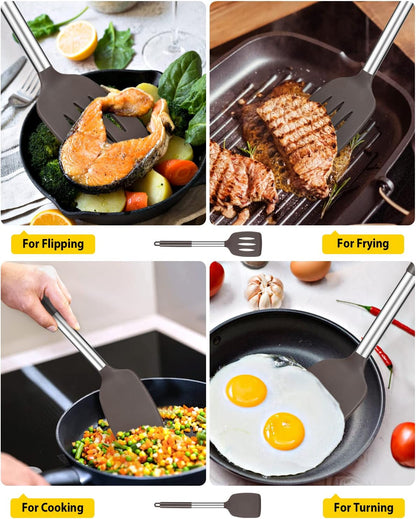 Pack of 2 Silicone Slotted Spatula,Non Stick Solid Kitchen Turner, High Heat Resistant BPA Free Cooking Utensils for Fish, Eggs, Pancakes（Black