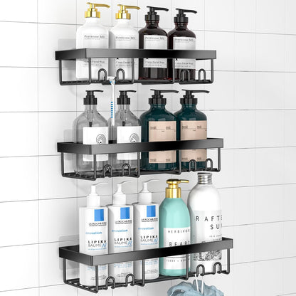 Moforoco Shower Caddy Shelf Organizer Rack, Self Adhesive Black Bathroom Shelves Basket, Home Farmhouse Wall Shower Inside Organization and Storage Decor Rv Accessories, First Apartment Essentials