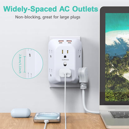 Multi Plug Socket Surge Protector | 10-in-1 Wall Outlet Extender | 6 AC Outlets | 2 USB-A & 2 USB-C Ports | 4-Pack