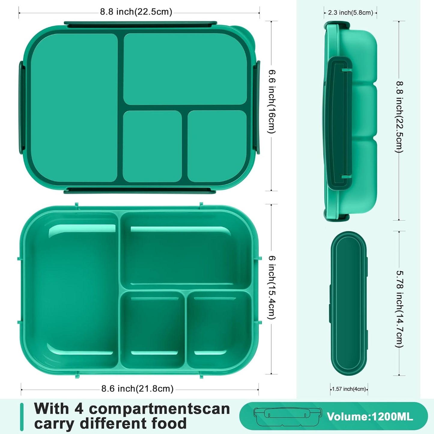 Amathley Lunch Box Kids,Bento Box Adult Lunch Box,Leakproof Lunch Containers for Adults/Kids/Toddler,1200ML-4 Compartments bento Lunch box with Utensil,Microwave & Dishwasher Safe(Dark Gray)