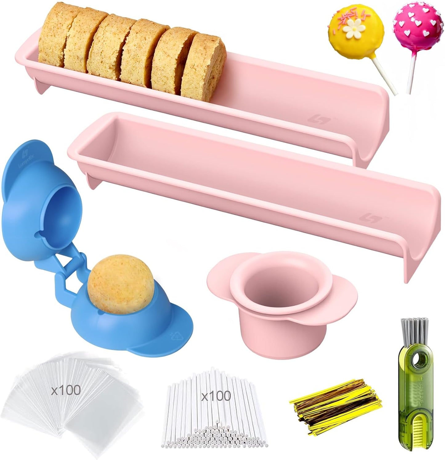 305Pcs Cake Pop Mold Kit, Durable PP Cake Pop Cutter and Pusher with 2 Trays， Circle Cake Pop Molds Shapes with Lollipop Sticks, Treat Bags, Twist Ties, Brush, Cake Pop Maker for Home Baking Desserts