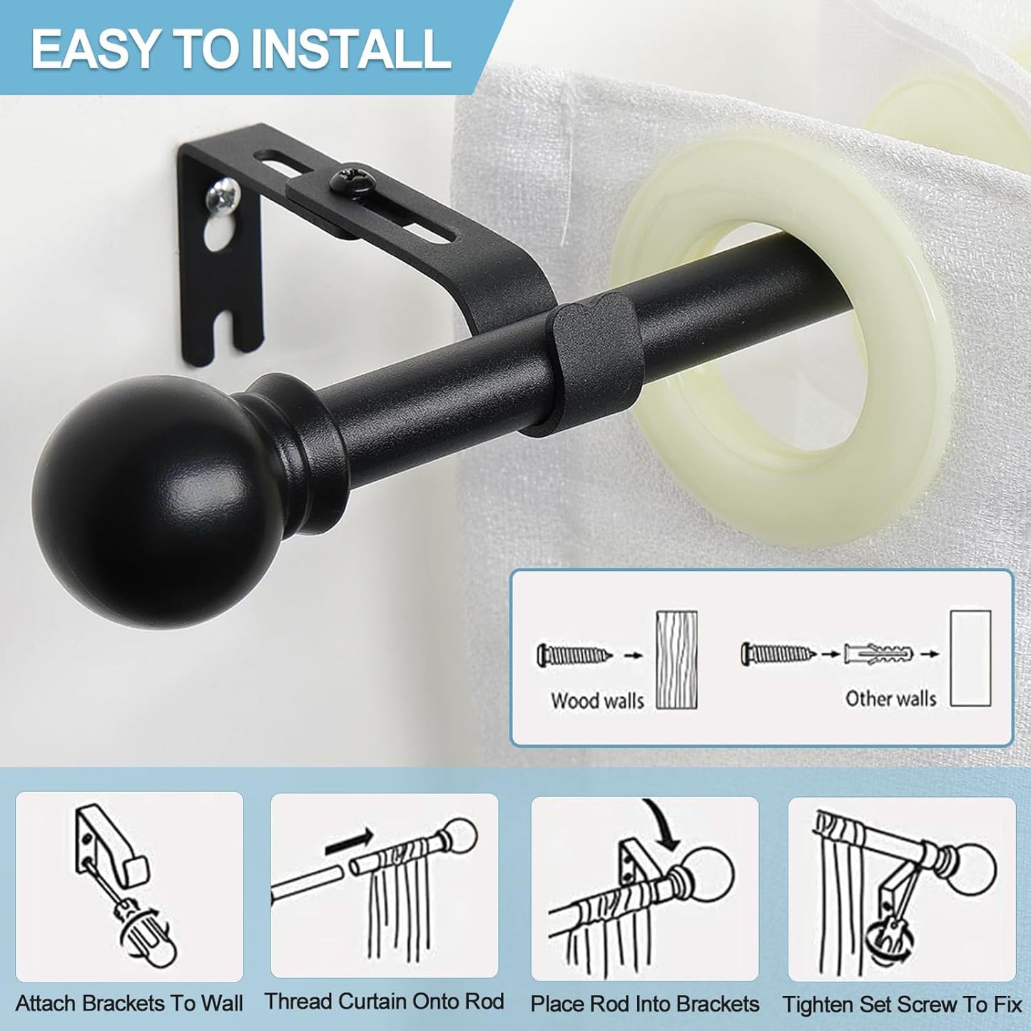 Black Curtain Rods for Windows 28 to 48 Inch, 5/8 Inch Small Curtain Rod For Bathroom, Living room, Kitchen (size：28-52 Inch)