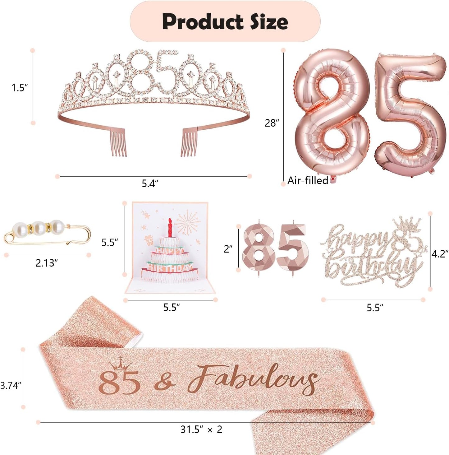 8pcs 40th Birthday Decorations gifts for Women, Including 40th Happy Birthday Cake Topper, Queen Sash with Pearl Pin, Sweet Rhinestone Tiara Crown for Women, Number Candles and Balloons (Rose Gold)