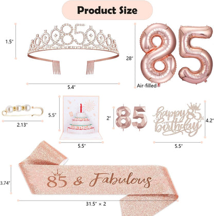 8pcs 40th Birthday Decorations gifts for Women, Including 40th Happy Birthday Cake Topper, Queen Sash with Pearl Pin, Sweet Rhinestone Tiara Crown for Women, Number Candles and Balloons (Rose Gold)