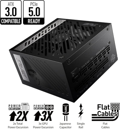 MSI MPG A1250GS PCIE5, 80 Plus Gold Full Modular 1250W Power Supply, 12V-2x6 Cable, ATX 3.1 & PCIE 5.1 Ready