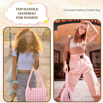 Quilted Puffer Tote Bag Large Crossbody Shoulder Bag with Zipper, Nylon Hobo Oversized Handbag