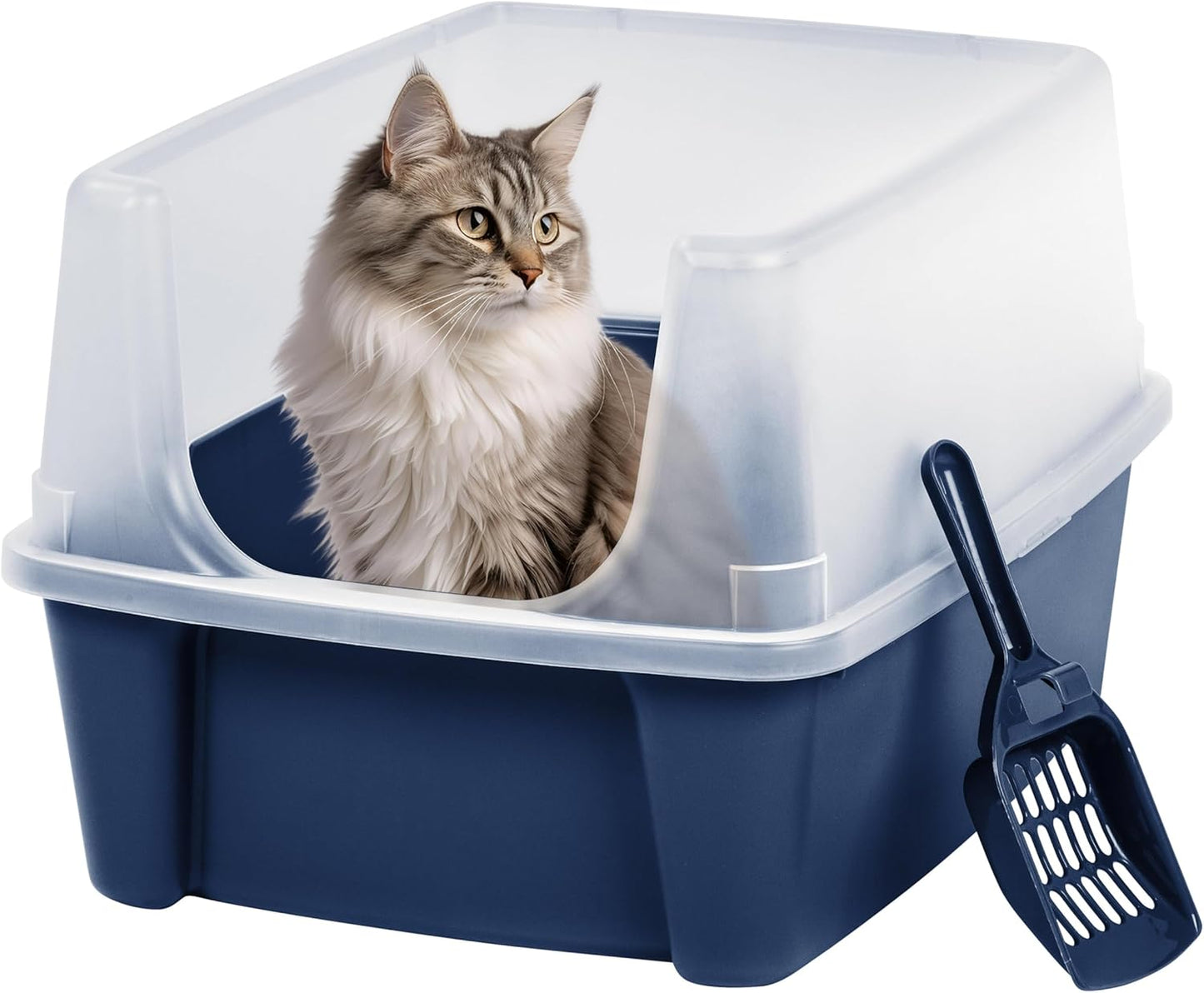 IRIS USA Top Entry Cat Litter Box with Scoop - Large - Stylish Enclosed Round Oval Kitty Dog Proof Box, Litiere Pour Chat Bac - White/Beige
