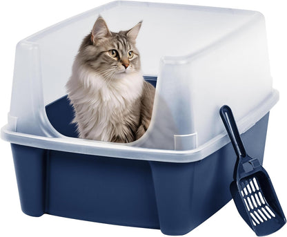 IRIS USA Top Entry Cat Litter Box with Scoop - Large - Stylish Enclosed Round Oval Kitty Dog Proof Box, Litiere Pour Chat Bac - White/Beige