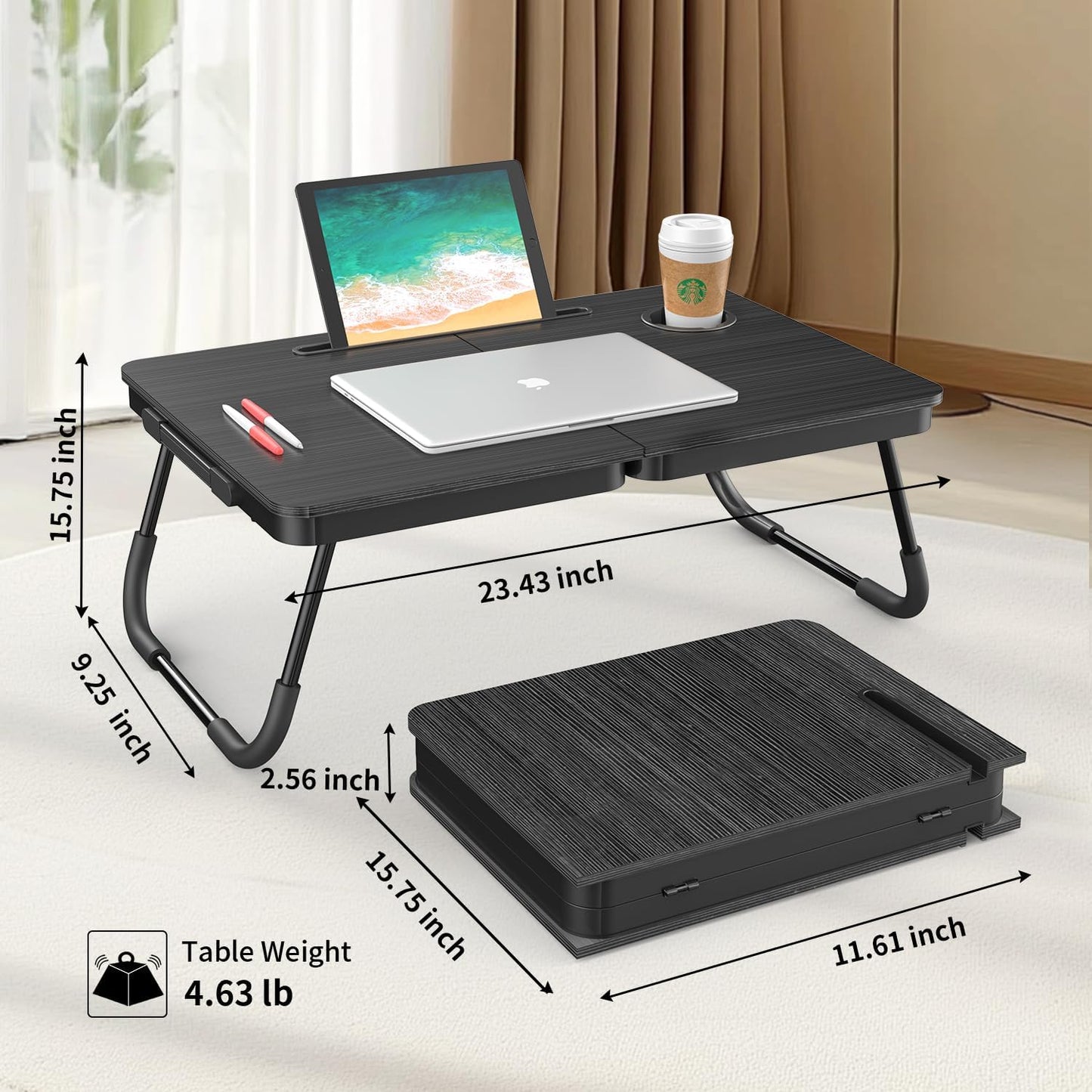 BUYIFY Portable Foldable Laptop Desk for Bed and Couch, Adjustable Lap Desk with Cup Holder and Phone Holder, Ideal for Working, Reading, Writing, and Breakfast (Black)-USA Original Patent