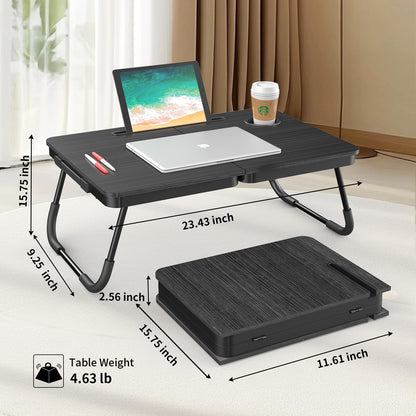 BUYIFY Portable Foldable Laptop Desk for Bed and Couch, Adjustable Lap Desk with Cup Holder and Phone Holder, Ideal for Working, Reading, Writing, and Breakfast (Black)-USA Original Patent